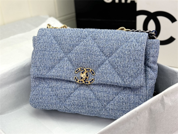 large Ch*el 19 bag tweed gold tone blue as1161