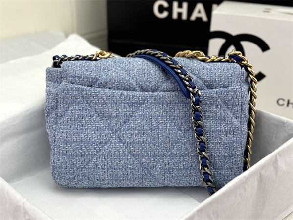 large Ch*el 19 bag tweed gold tone blue as1161