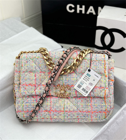large Ch*el 19 bag tweed gold tone multicolor as1161