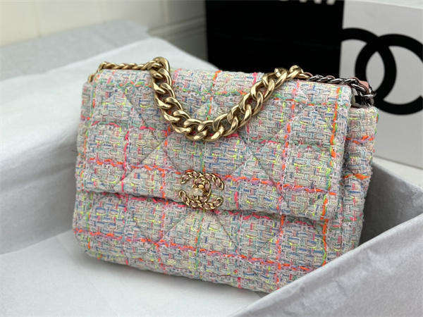 large Ch*el 19 bag tweed gold tone multicolor as1161