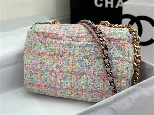 large Ch*el 19 bag tweed gold tone multicolor as1161