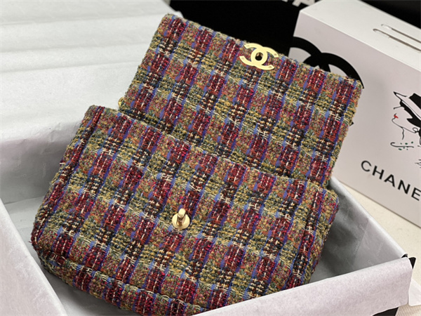 large Ch*el 19 bag tweed gold tone multicolor as1161