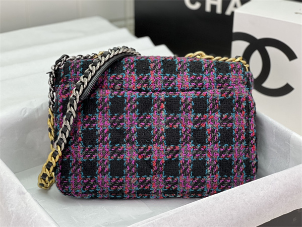 large Ch*el 19 bag tweed gold tone multicolor as1161