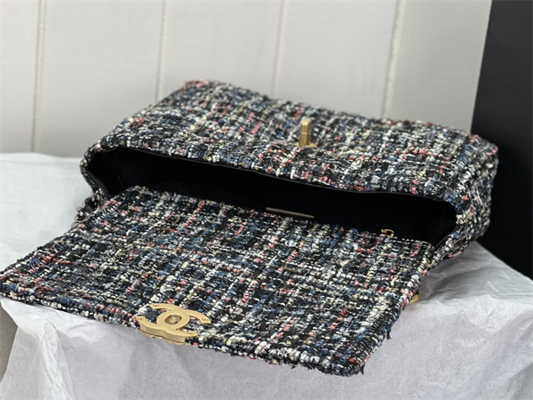 large Ch*el 19 bag tweed gold tone multicolor as1161