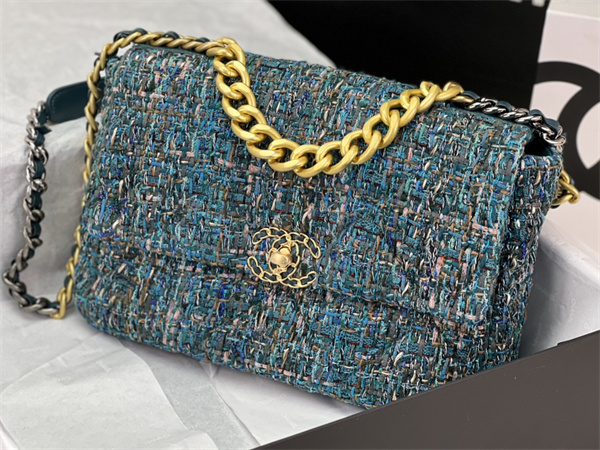large Ch*el 19 bag tweed gold tone multicolor as1161