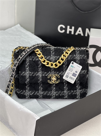 large Ch*el 19 bag tweed gold tone black/grey as1161