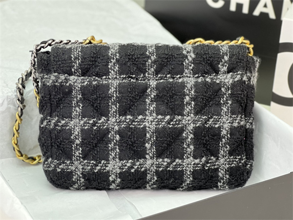 large Ch*el 19 bag tweed gold tone black/grey as1161