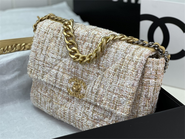 large Ch*el 19 bag tweed gold tone beige as1161