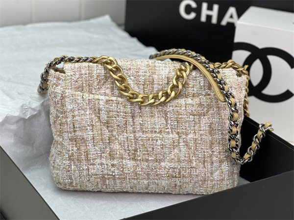large Ch*el 19 bag tweed gold tone beige as1161