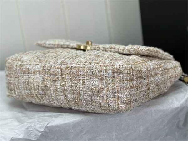 large Ch*el 19 bag tweed gold tone beige as1161
