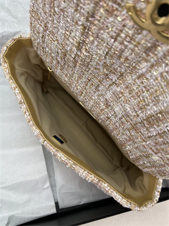 large Ch*el 19 bag tweed gold tone beige as1161