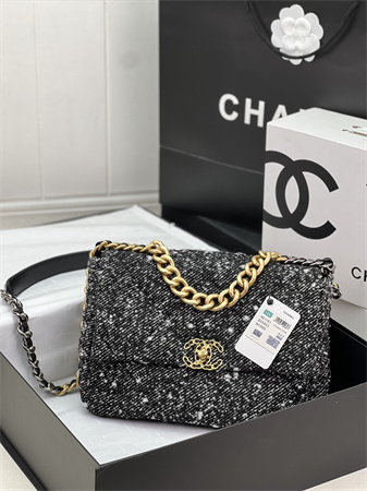 large Ch*el 19 bag tweed gold tone black/white as1161