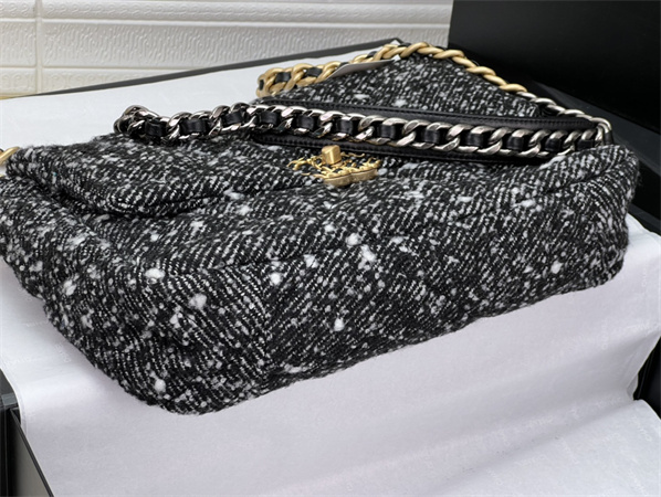 large Ch*el 19 bag tweed gold tone black/white as1161