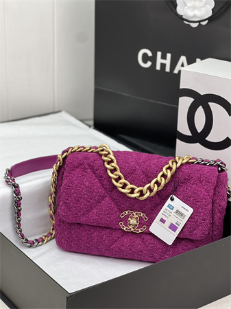 large Ch*el 19 bag tweed gold tone fuchsia as1161