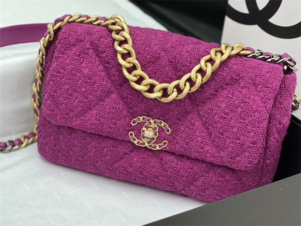 large Ch*el 19 bag tweed gold tone fuchsia as1161