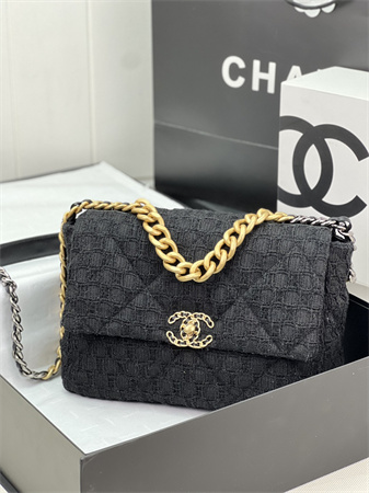 large Ch*el 19 bag tweed gold tone black as1161