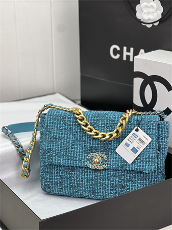 large Ch*el 19 bag tweed gold tone blue as1161