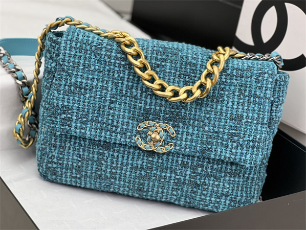 large Ch*el 19 bag tweed gold tone blue as1161