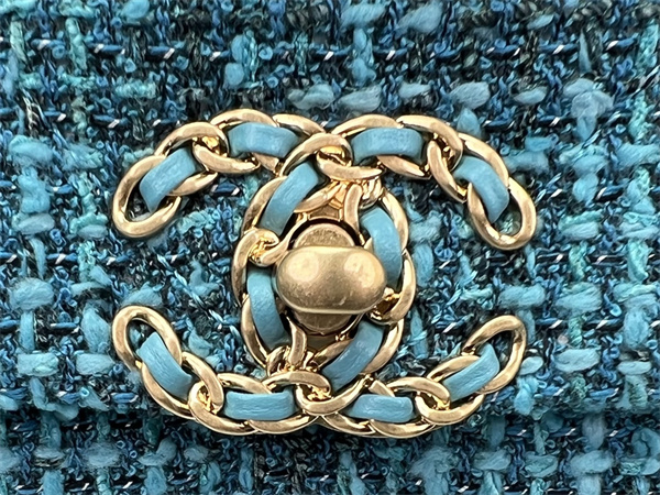 large Ch*el 19 bag tweed gold tone blue as1161