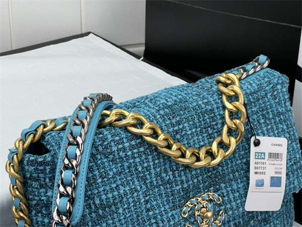 large Ch*el 19 bag tweed gold tone blue as1161