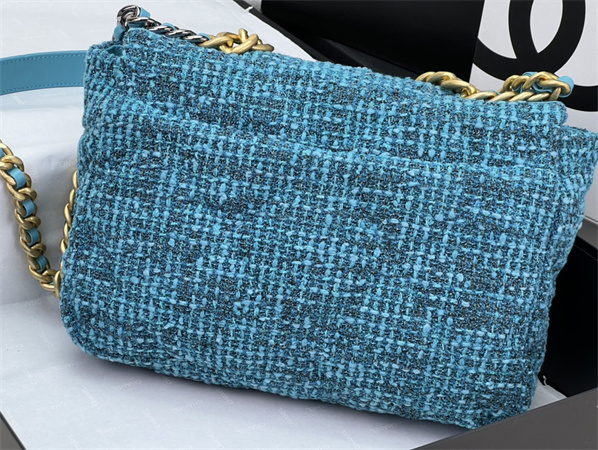 large Ch*el 19 bag tweed gold tone blue as1161