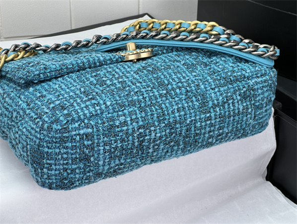 large Ch*el 19 bag tweed gold tone blue as1161