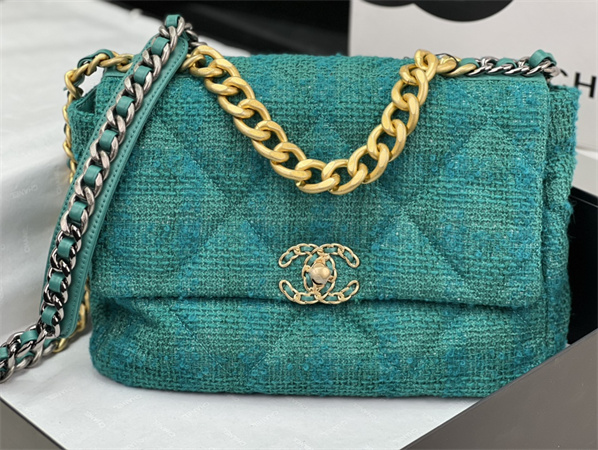 large Ch*el 19 bag tweed gold tone green as1161