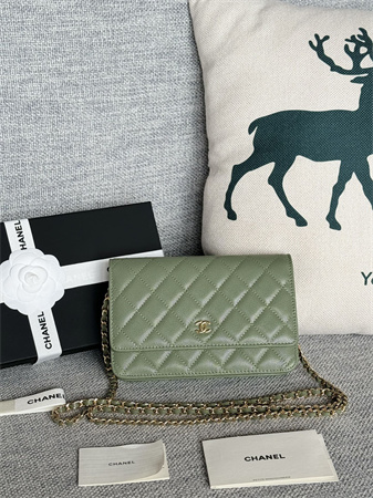 Ch*el wallet on chain grained calfskin gold tone metal green ap0250