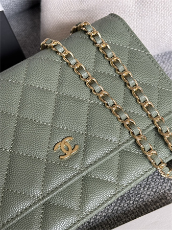 Ch*el wallet on chain grained calfskin gold tone metal green ap0250