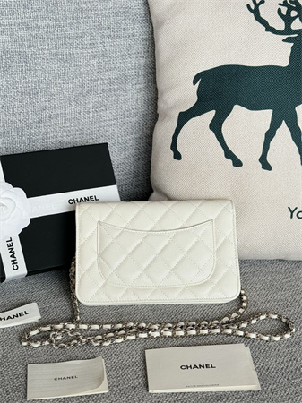 Ch*el wallet on chain grained calfskin silver tone metal white ap0250