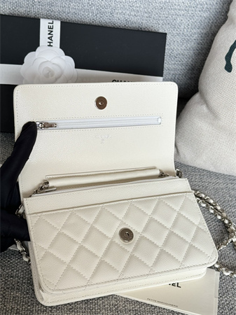 Ch*el wallet on chain grained calfskin silver tone metal white ap0250