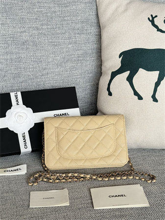 Ch*el wallet on chain grained calfskin silver tone metal beige ap0250