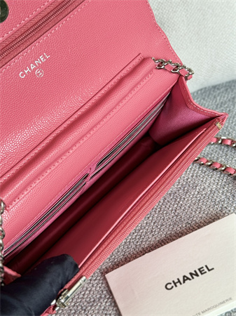 Ch*el wallet on chain grained calfskin silver tone metal pink ap0250