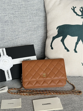 Ch*el wallet on chain grained calfskin gold tone metal brown ap0250