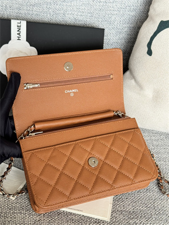 Ch*el wallet on chain grained calfskin silver tone metal brown ap0250