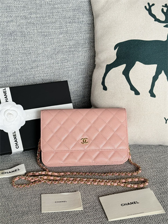 Ch*el wallet on chain grained calfskin gold tone metal pink ap0250