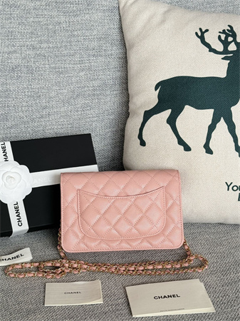 Ch*el wallet on chain grained calfskin gold tone metal pink ap0250