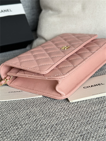 Ch*el wallet on chain grained calfskin gold tone metal pink ap0250