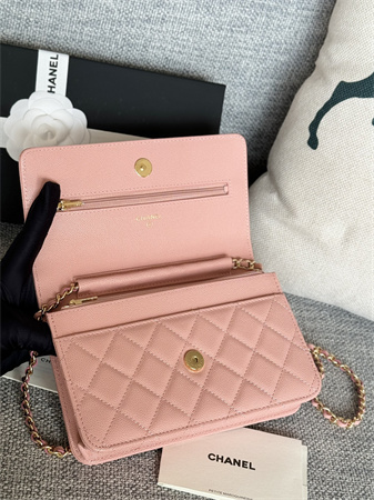 Ch*el wallet on chain grained calfskin gold tone metal pink ap0250