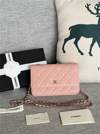 Ch*el wallet on chain grained calfskin silver tone metal pink ap0250