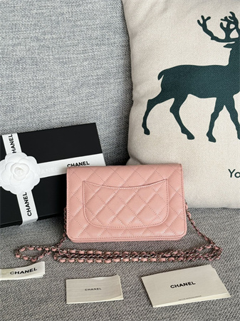 Ch*el wallet on chain grained calfskin silver tone metal pink ap0250