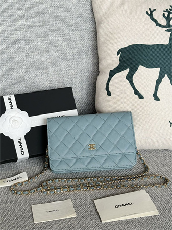 Ch*el wallet on chain grained calfskin gold tone metal blue ap0250