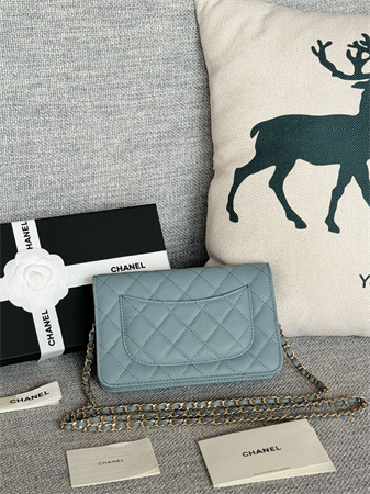 Ch*el wallet on chain grained calfskin gold tone metal blue ap0250