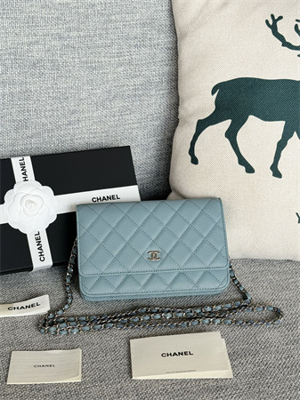 Ch*el wallet on chain grained calfskin silver tone metal blue ap0250