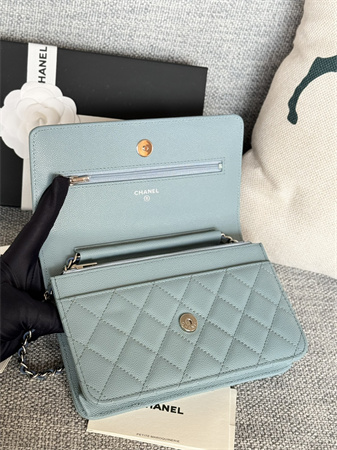 Ch*el wallet on chain grained calfskin silver tone metal blue ap0250