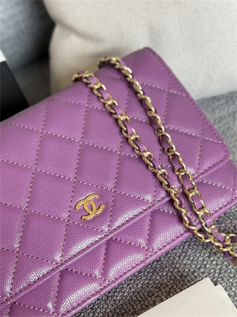 Ch*el wallet on chain grained calfskin gold tone metal purple ap0250