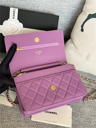 Ch*el wallet on chain grained calfskin gold tone metal purple ap0250