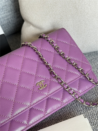 Ch*el wallet on chain grained calfskin silver tone metal purple ap0250