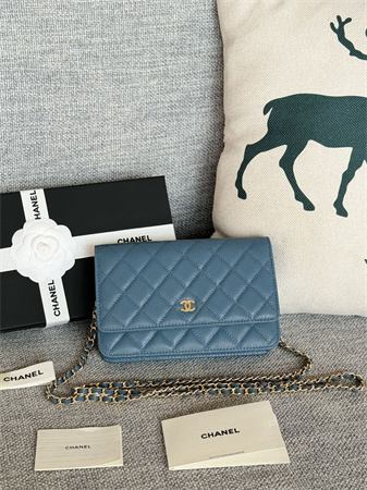 Ch*el wallet on chain grained calfskin gold tone metal blue ap0250