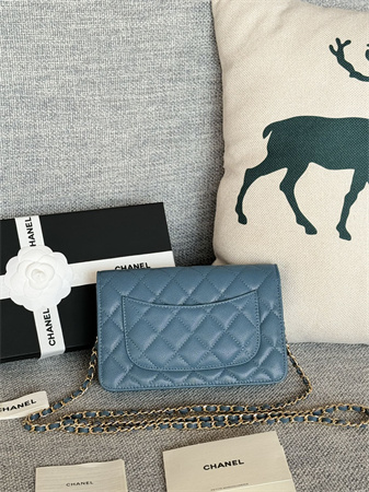 Ch*el wallet on chain grained calfskin gold tone metal blue ap0250